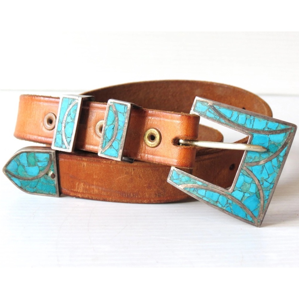 Sterling Silver w/ Inlaid Turquoise Belt Buckle Leather Belt 32"